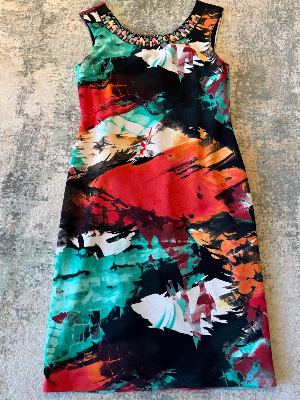 Frank Lyman Abstract Embellished Multicolor Sleeveless Sheath Dress, Size 6